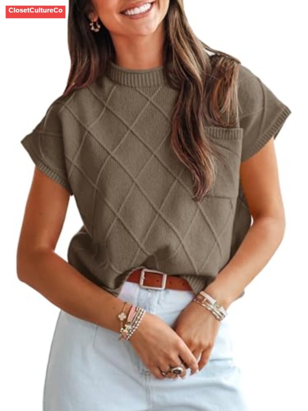 Mock Neck Cap Short Sleeve Sweater Vest Casual Loose Knit Pullover Work Tank Top
